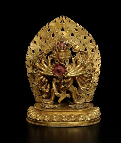 Scultura in Bronzo Dorato Raffigurante Yamantaka con Aura, Cina, XX Secolo