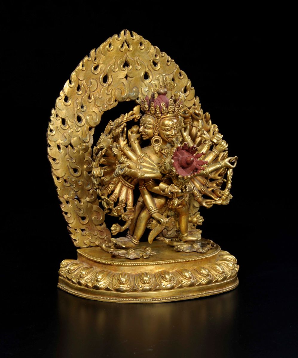 Scultura in Bronzo Dorato Raffigurante Yamantaka con Aura, Cina, XX Secolo