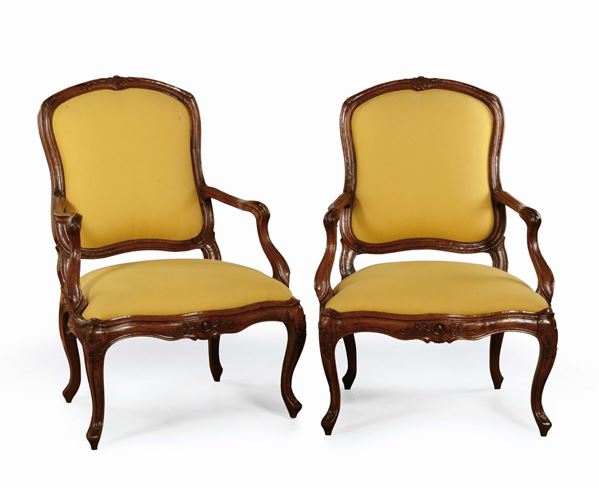 A pair of Louis XV walnut armchairs, Genoa, late 18th century