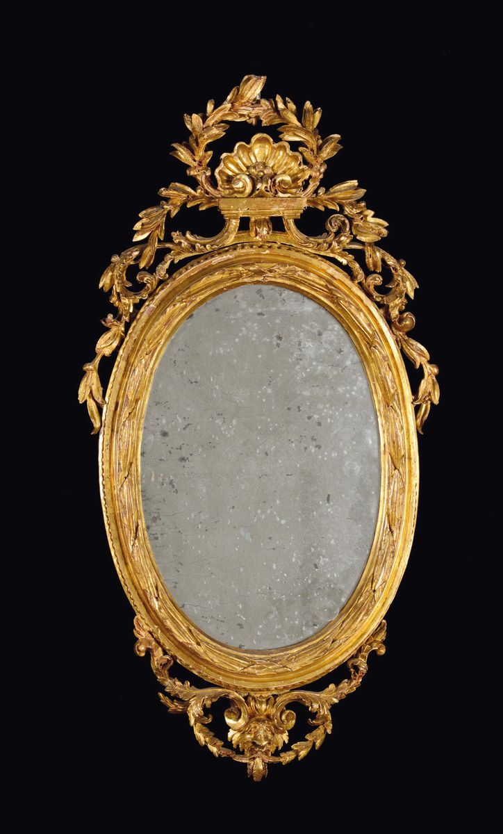 Specchierina ovale Luigi XVI in legno dorato, Genova, ultimo quarto del XVIII secolo  - Asta Mario Panzano Antiquario - Cambi Casa d'Aste