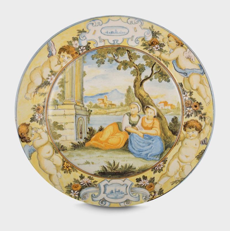 A small Castelli majolica tondo with two female figures in the middle and landscape, late 18th century  - Auction Mario Panzano, Antique Dealer in Genoa - Cambi Casa d'Aste