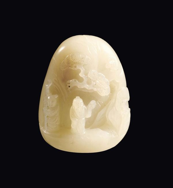 A white and russet mountain jade with figures in relief, China, Qing Dynasty, 19th century