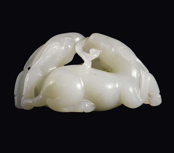A fine white jade deers and mushroom group, China, Qing Dynasty, Qianlong Period (1736-1795)