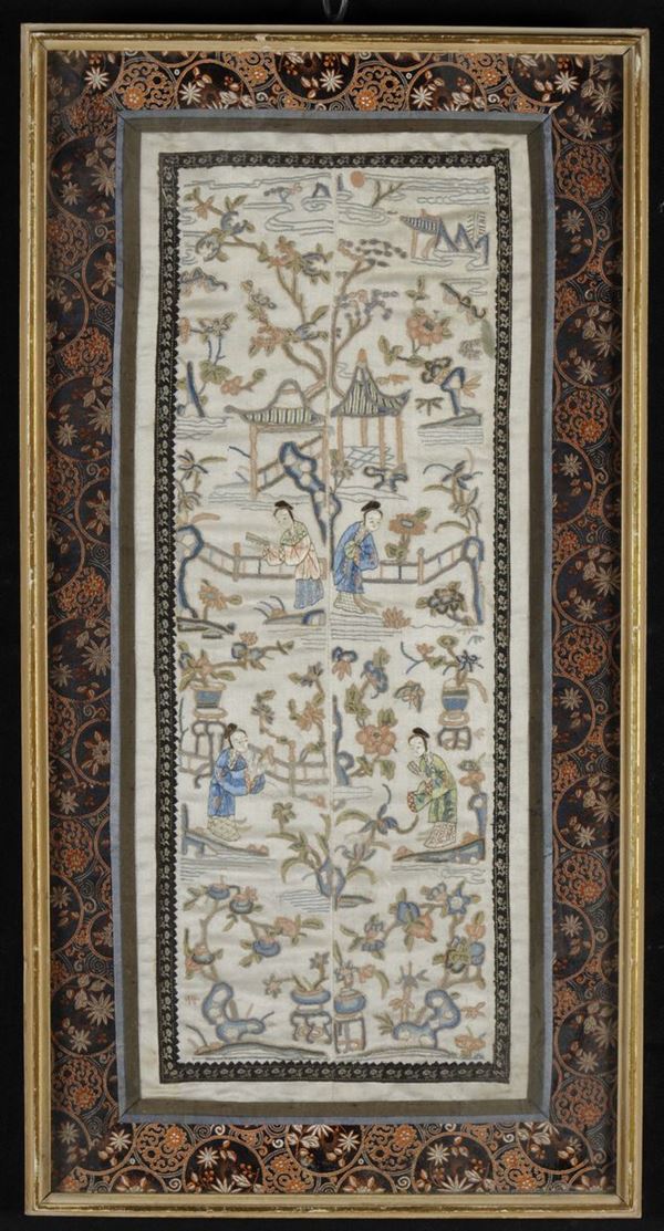 A framed silk cloth embroidered with common life scene, China, Qing Dynasty, 19th century