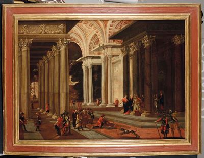 Scuola del XVII Secolocapriccio Architettonico con Scena Biblica