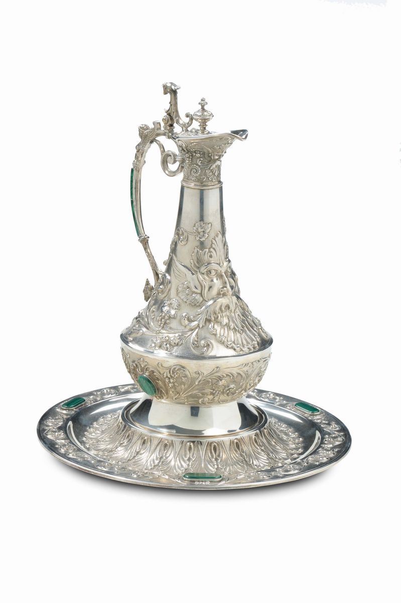 Brocca in argento e malachite in stile rinascimento, XX secolo  - Auction Furnishings from the mansions of the Ercole Marelli heirs and other property - Cambi Casa d'Aste