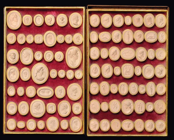 Two plateaux containing 96 plaster casts representing emperors’ portraits, female figures and classical Roman decorations, Italian Neoclassical manufacture, 19th century