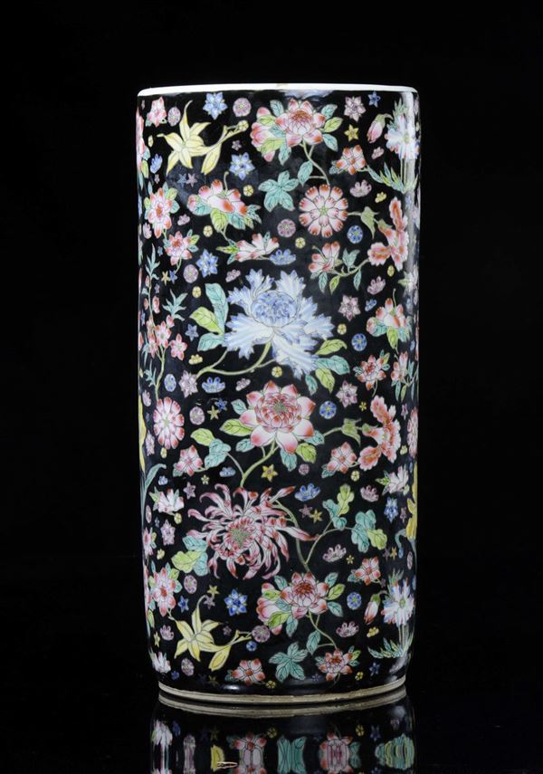 A black-ground polychrome enamelled porcelain vase with peach flowers, China, 20th century