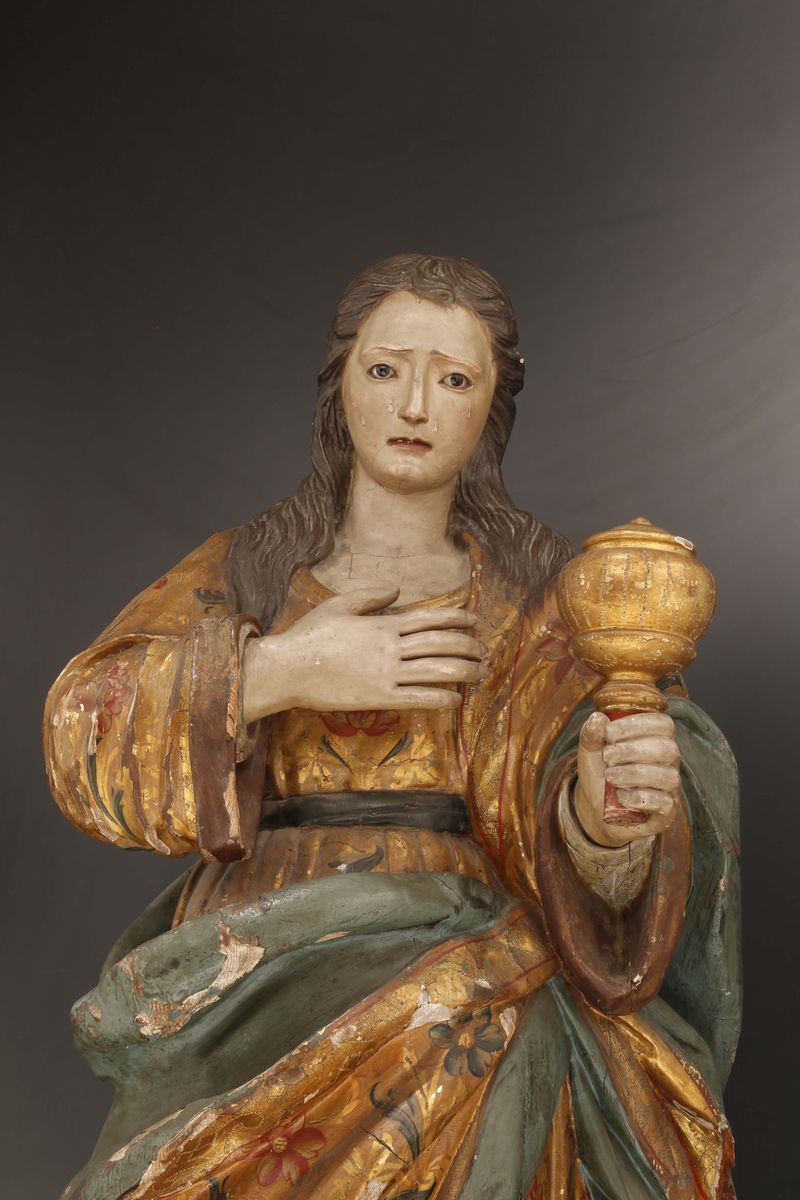 Scultura in Legno Policromo Raffigurante Maria Maddalena, Scultore Dell’italia Meridionale Operan...