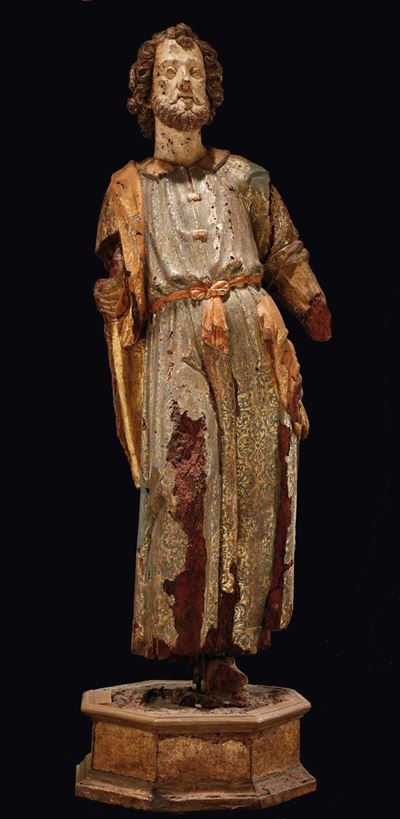Figura di Santo in Legno Policromo, Scultore Lombardo o Veneto del XVI Secolo