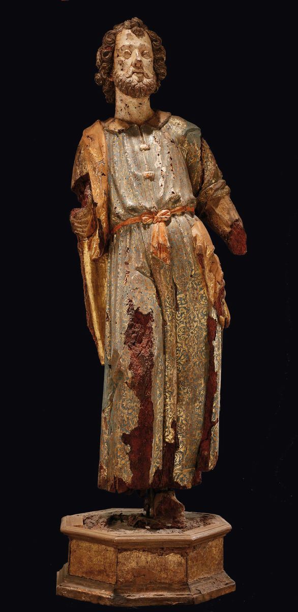 Figura di Santo in legno policromo, scultore lombardo o veneto del XVI secolo