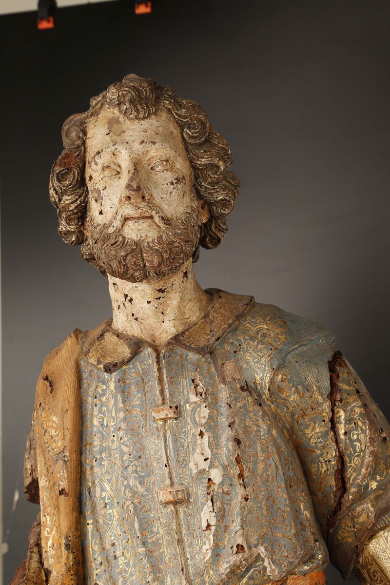 Figura di Santo in Legno Policromo, Scultore Lombardo o Veneto del XVI Secolo