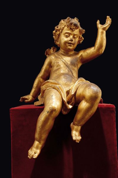 Coppia di Putti in Legno Dorato, Scultore in Stile Barocco del XIX Secolo