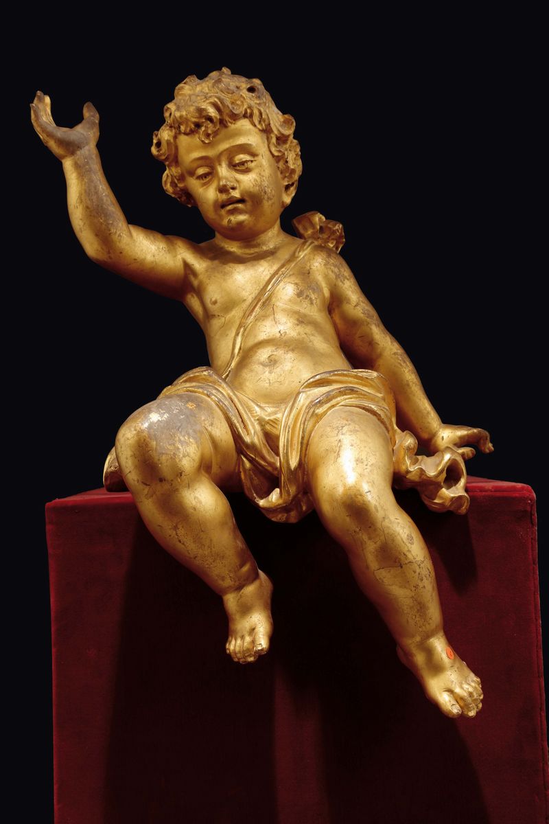 Coppia di Putti in Legno Dorato, Scultore in Stile Barocco del XIX Secolo