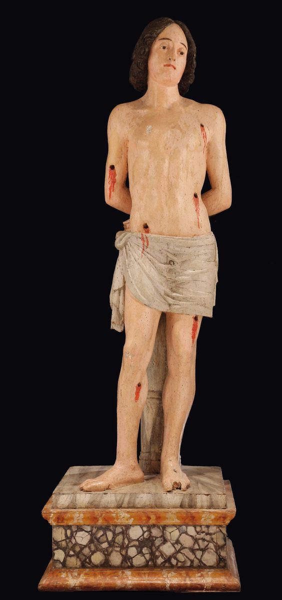 A polychrome wood St Sebastian sculpture, Renaissance artist, Veneto-Marche Region, early 16th centur [..]