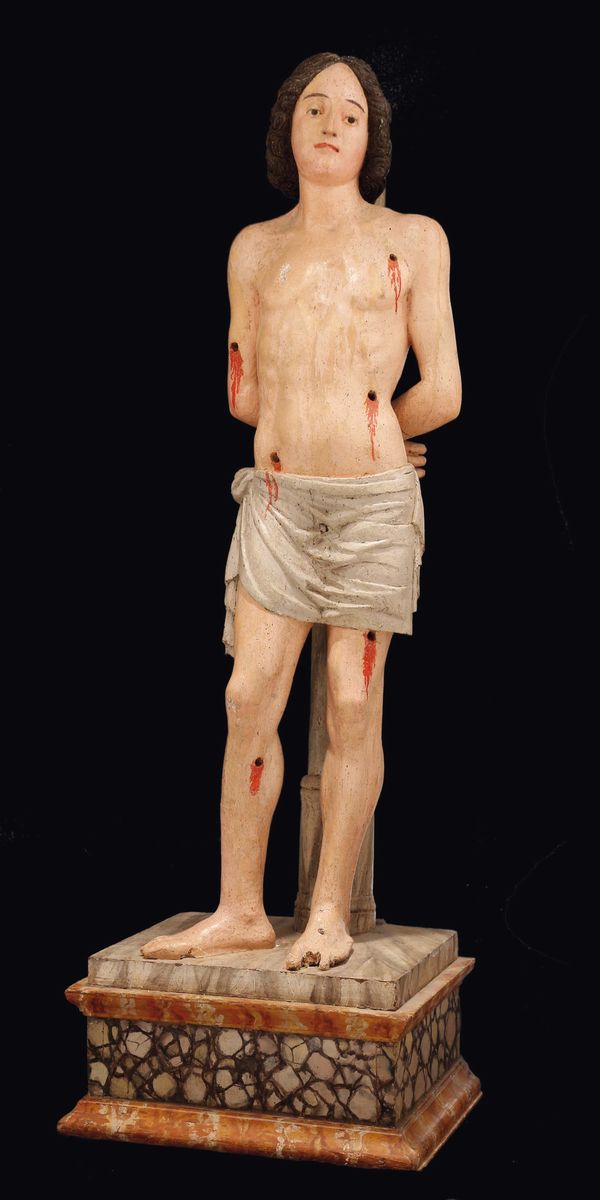 Scultura in Legno Policromo di San Sebastiano, Artista Rinascimentale di Area Veneto-marchigiana,...