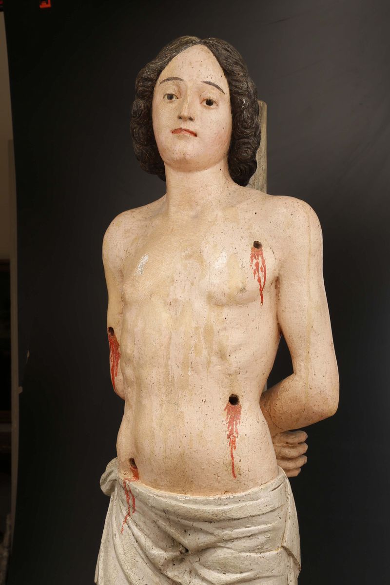 Scultura in Legno Policromo di San Sebastiano, Artista Rinascimentale di Area Veneto-marchigiana,...