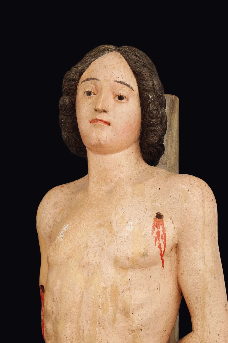 Scultura in Legno Policromo di San Sebastiano, Artista Rinascimentale di Area Veneto-marchigiana,...