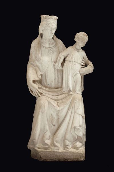 Scultura in Marmo Bianco Raffigurante Madonna con Bambino, Scultore del XIX-XX Secolo