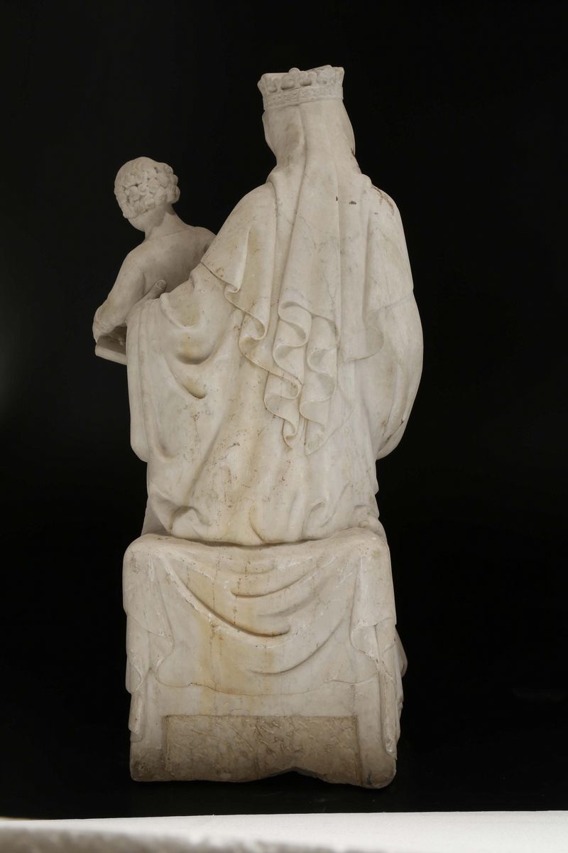 Scultura in Marmo Bianco Raffigurante Madonna con Bambino, Scultore del XIX-XX Secolo