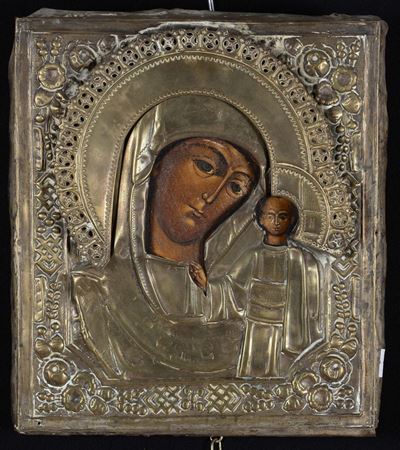 Icona Raffigurante Madonna con Bambino con Riza in Argento (?), XIX Secolo