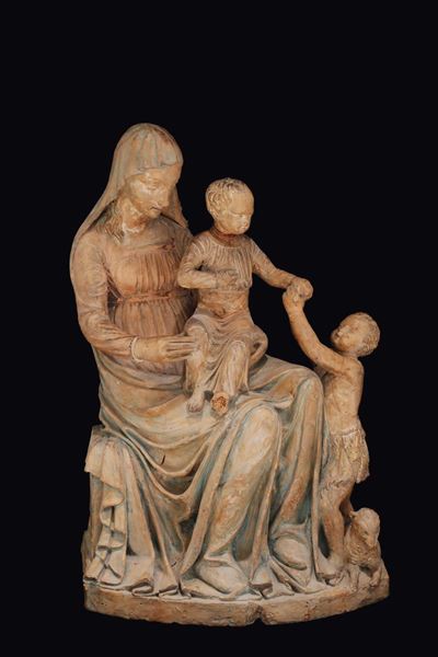Gruppo in Terracotta Raffigurante Madonna con Bambino e San Giovannino, Plasticatore Italiano nei...