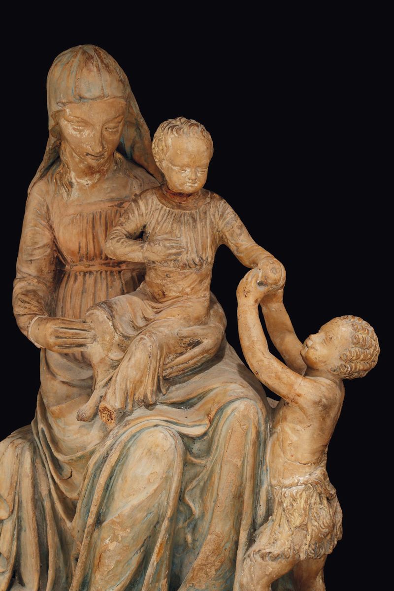 Gruppo in Terracotta Raffigurante Madonna con Bambino e San Giovannino, Plasticatore Italiano nei...