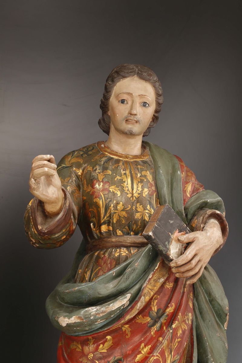 Scultura in Legno Policromo Raffigurante S.giovanni Apostolo, Scultore Meridionale (napoli) del X...