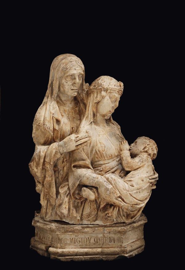 Gruppo in marmo raffigurante Madonna con Bambino e S.Anna, scultore del XIX-XX secolo (Alceo Dossena?)