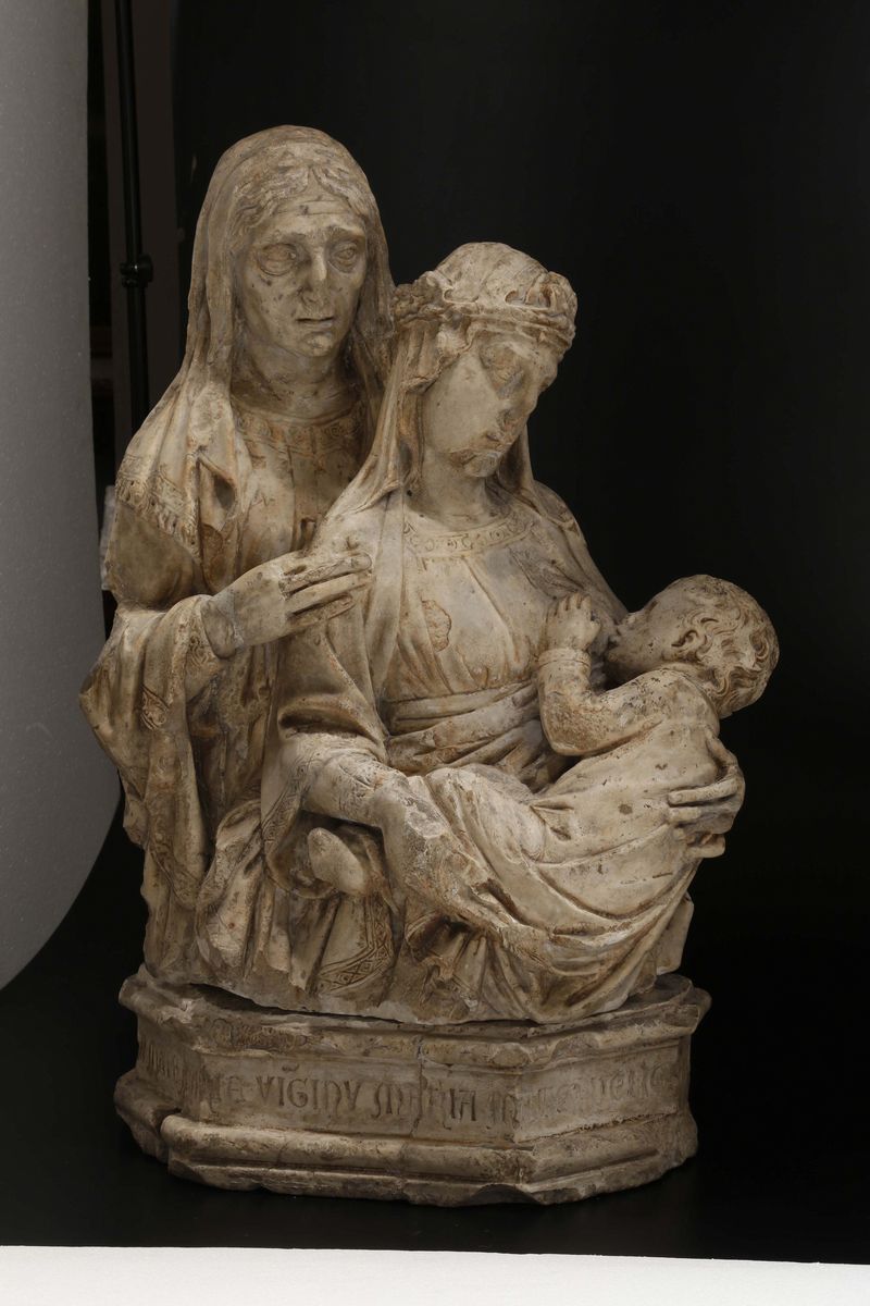 Gruppo in Marmo Raffigurante Madonna con Bambino e S.anna, Scultore del XIX-XX Secolo (alceo Doss...