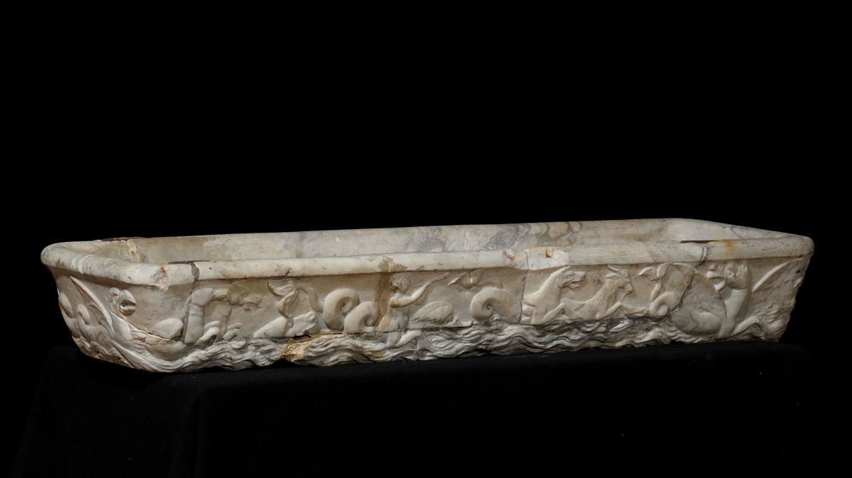 Vasca Rettangolare in Marmo Scolpito, Italia Probabile XVII Secolo