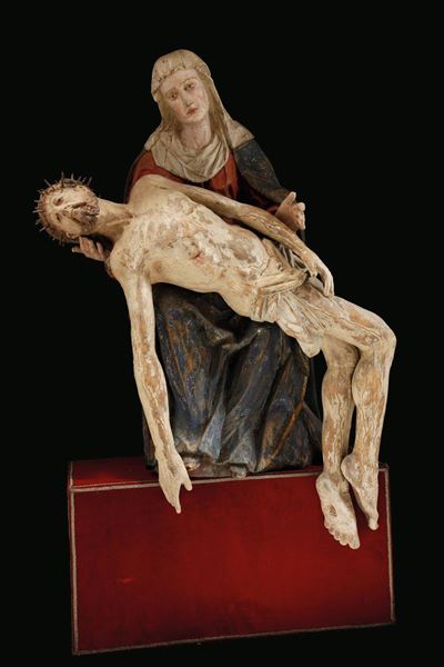 Gruppo Scultoreo in Legno Policromo Raffigurante Pietà, Scultore Rinascimentale Operante in Alto ...