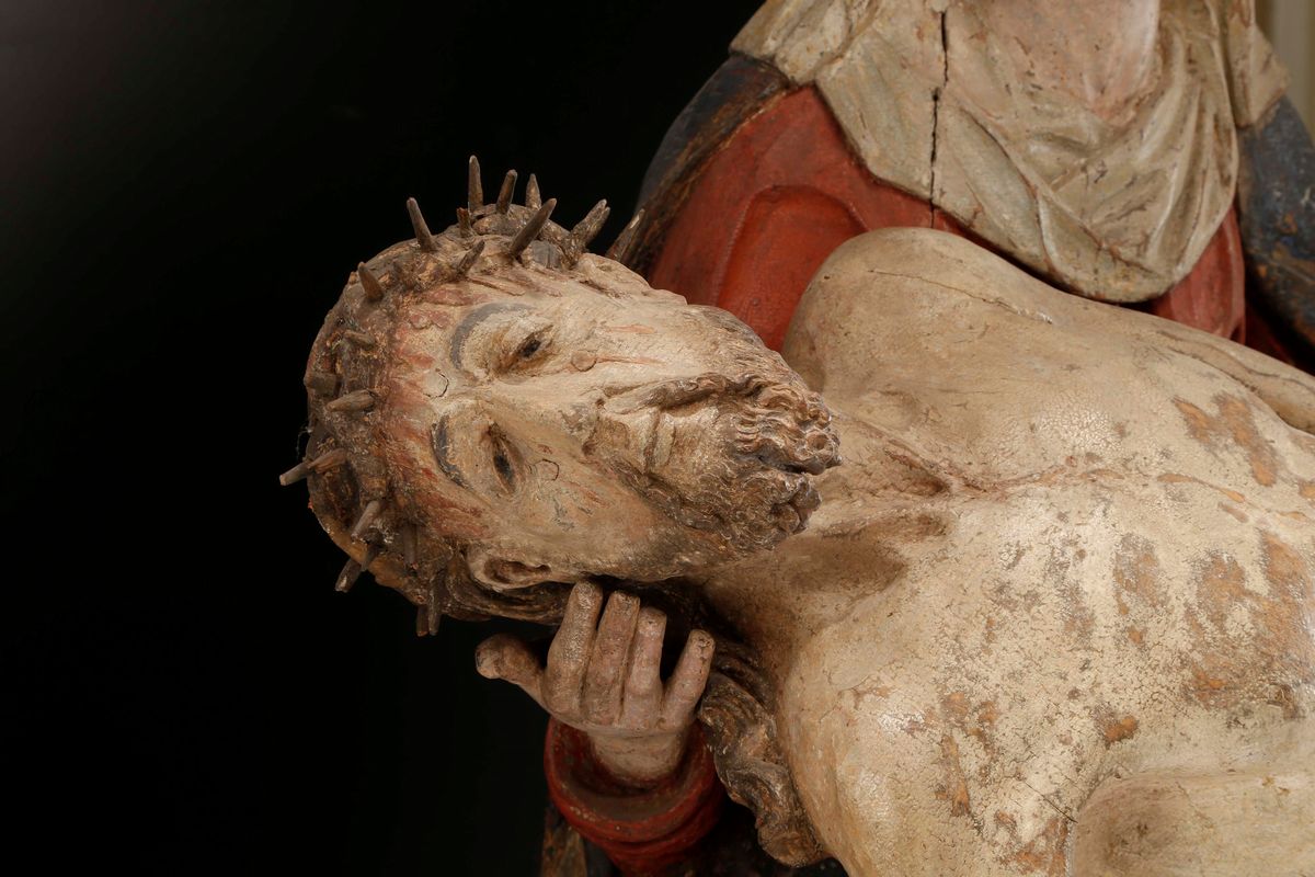 Gruppo Scultoreo in Legno Policromo Raffigurante Pietà, Scultore Rinascimentale Operante in Alto ...