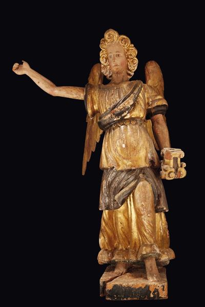 Scultura in Legno Policromo e Dorato Raffigurante Angelo Reggicero, Scultore Tardo Manierista Att...