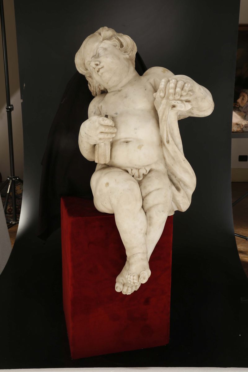 Coppia di Putti Seduti in Marmo, Scultore Barocco Dell’italia del Nord XVII-XVIII Secolo, Antonio...