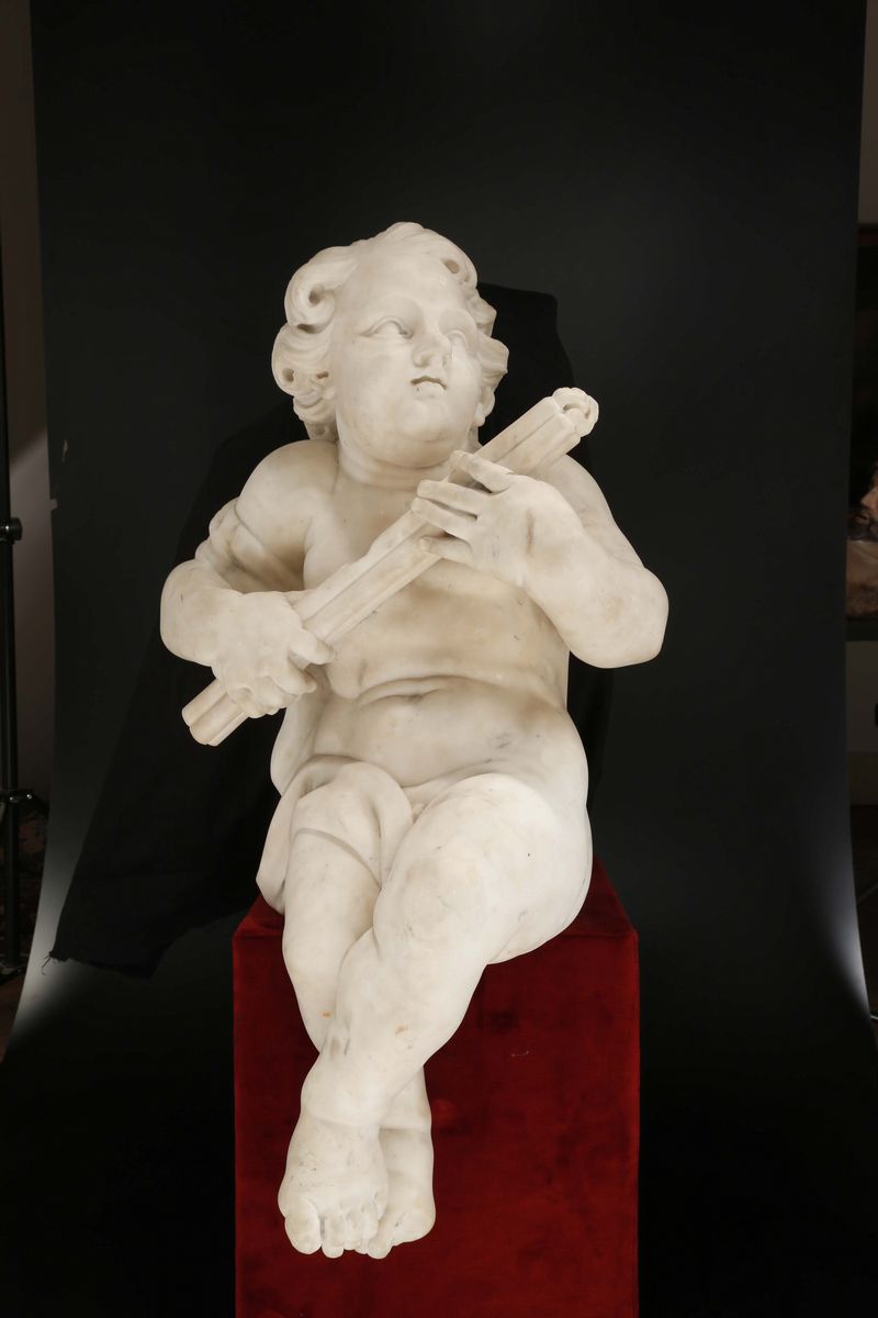 Coppia di Putti Seduti in Marmo, Scultore Barocco Dell’italia del Nord XVII-XVIII Secolo, Antonio...