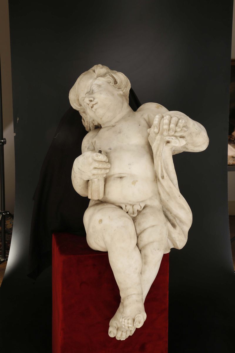 Coppia di Putti Seduti in Marmo, Scultore Barocco Dell’italia del Nord XVII-XVIII Secolo, Antonio...