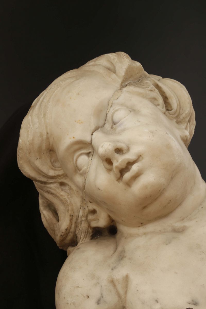 Coppia di Putti Seduti in Marmo, Scultore Barocco Dell’italia del Nord XVII-XVIII Secolo, Antonio...