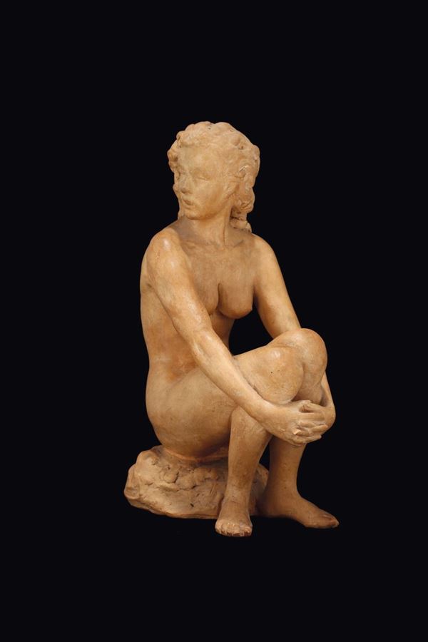 Figura femminile di bagnante in terracotta, plasticatore italiano, prima metà del XX secolo