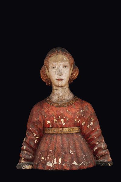 Figura a Mezzobusto di Dama Rinascimentale in Legno Policromo, Scultore Italiano del XIX Secolo