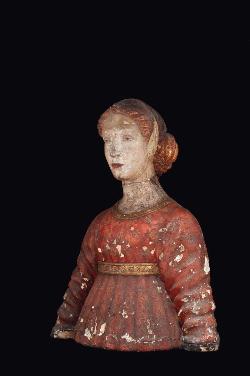 Figura a Mezzobusto di Dama Rinascimentale in Legno Policromo, Scultore Italiano del XIX Secolo