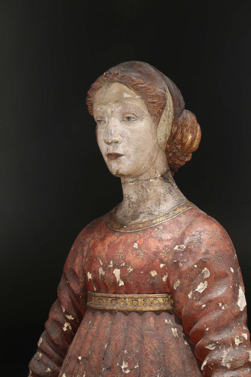 Figura a Mezzobusto di Dama Rinascimentale in Legno Policromo, Scultore Italiano del XIX Secolo