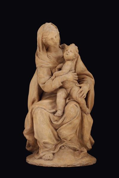 Bozzetto in Terracotta Raffigurante Madonna con Bambino. Plasticatore Barocco del XVII-XVIII Seco...