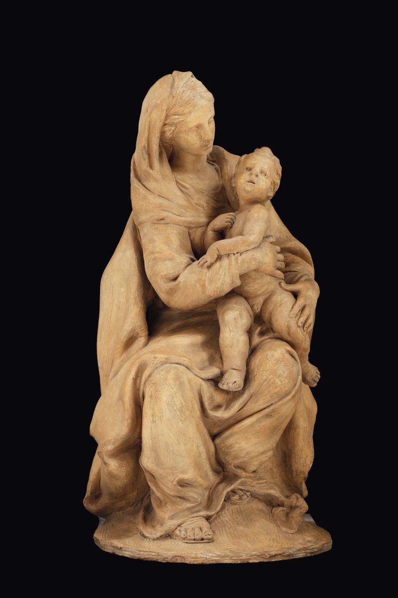 Bozzetto in Terracotta Raffigurante Madonna con Bambino. Plasticatore Barocco del XVII-XVIII Seco...