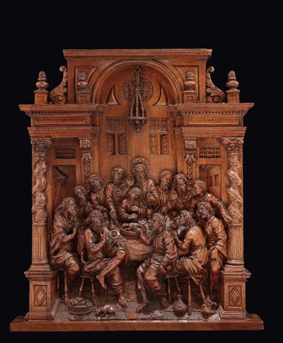 Bassorilievo Architettonico in Legno Scolpito con Raffigurazione Dell’ultima Cena. Scultore D’olt...