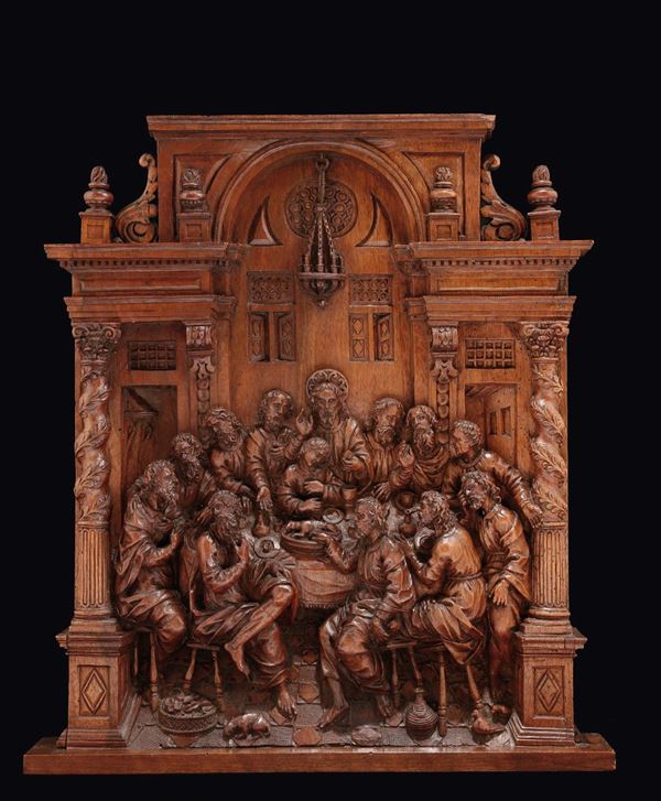 Bassorilievo architettonico in legno scolpito con raffigurazione dell’ultima cena. Scultore d’oltralpe operante in Italia nel XVI secolo, cerchia di Richard Taurigny
