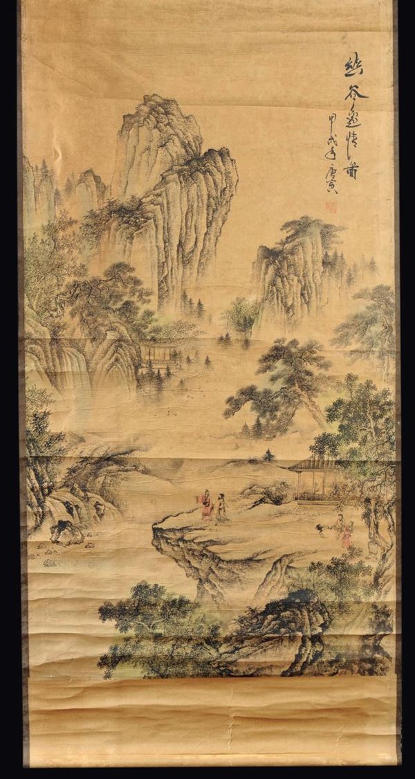Dipinto su carta raffigurante paesaggio fluviale con personaggi su altura e iscrizione in alto a destra, Cina, Dinastia Qing, XIX secolo