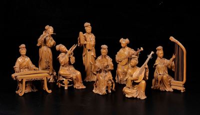 Gruppo di Otto Guanyin Musicanti Scolpite in Legno, Cina, Repubblica, XX Secolo