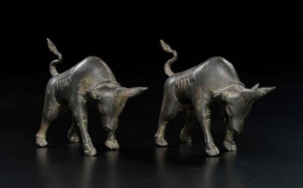 Coppia di tori in bronzo nell’atto di caricare, Cina, XX secolo