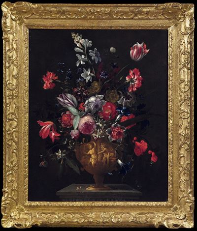 Giovanni Stanchi (roma 1608 - 1675)vaso di Fiori Istoriato con Pan e Siringa